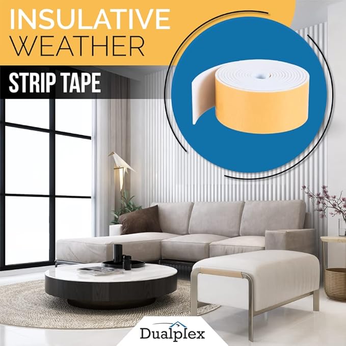 High Density Foam Weather Stripping Door Seal Strip Insulation Tape Roll for Insulating Door Frame, Window, Air Conditioner | Self Adhesive Sealing Weatherstrip (2 in x 1/4 in x 10 Ft, White)