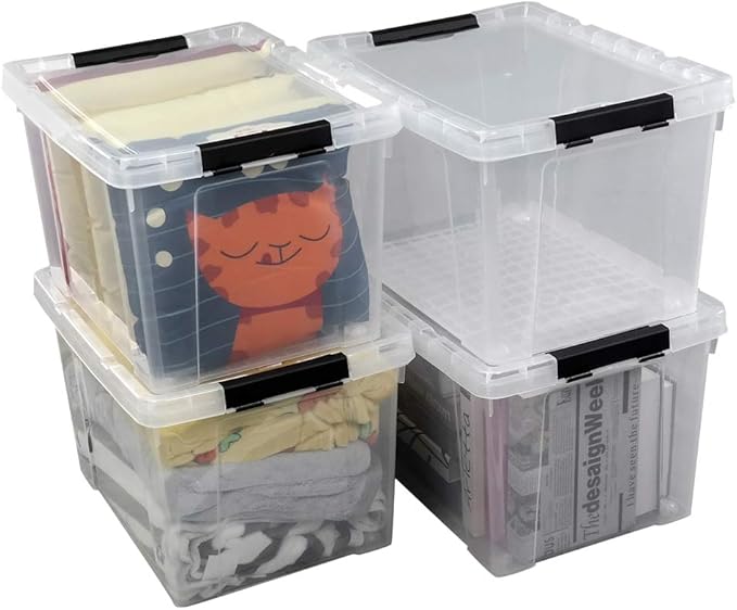 Ggbin 4 Packs 50 Quart Plastic Container Bin with Lids, Latching Storage Box with Wheels, Clear