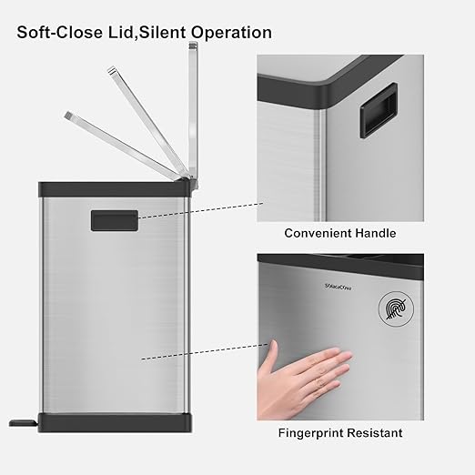Kitchen Trash Can, 2 x 5.3 Gallon Garbage Can for Kitchen, Dual Compartment Recycling Trash Can, Trash and Recycle Bin Combo, Stainless Steel, Soft-Close Lid, Fingerprint Proof