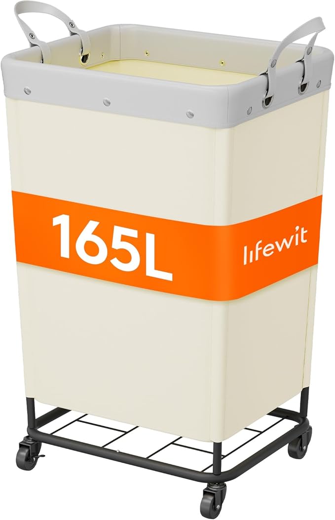 Lifewit 165L Laundry Basket with Wheels, Large Heavy Duty Commercial Rolling Laundry Hamper with Handles, Tall Steel Frame Laundry Cart for Laundry Room Bedroom Hotel Home Dorm, White