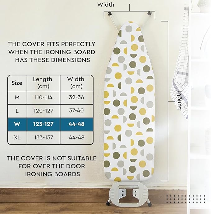 Encasa XO Ironing Board Cover and Pad 49"x18" - Thick 3mm Felt Padding, Drawstring Tightening & Lock, Easy Fit, Scorch & Stain Resistant, Fits Wide Ironing Board - Grey Tiles