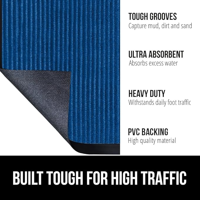GORILLA GRIP Traffic Guard Door Mat, 70x24, Heavy Duty Welcome Mats, Commercial Office Space Doormat, Waterproof, Fade Resistant, Strong Rubber Backing, Low Profile, Shoe and Boot Scraper, Blue