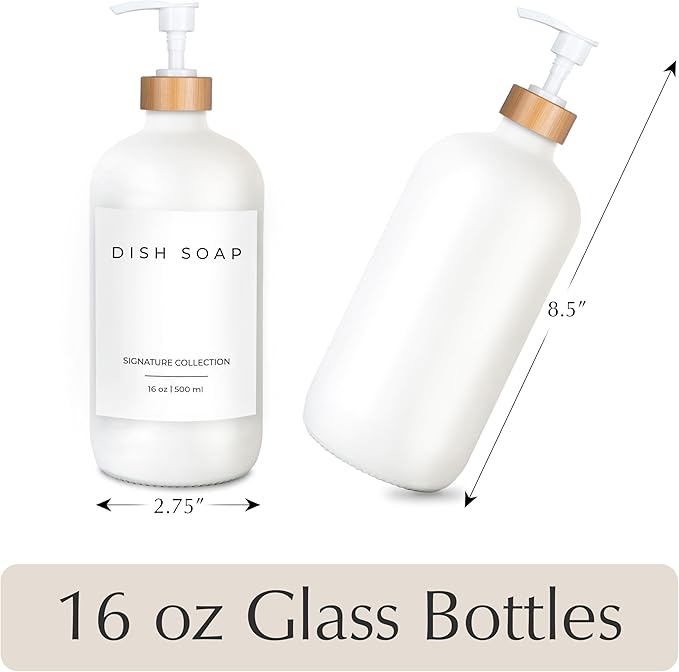 Emerson Soap Dispenser, Dish Soap Dispenser for Kitchen, Soap Dispenser Bathroom Set, Hand Soap Dispenser, Kitchen Soap Dispenser Set - Glass Soap Dispenser with Pump and Labels, 16 Oz, 2 Pack