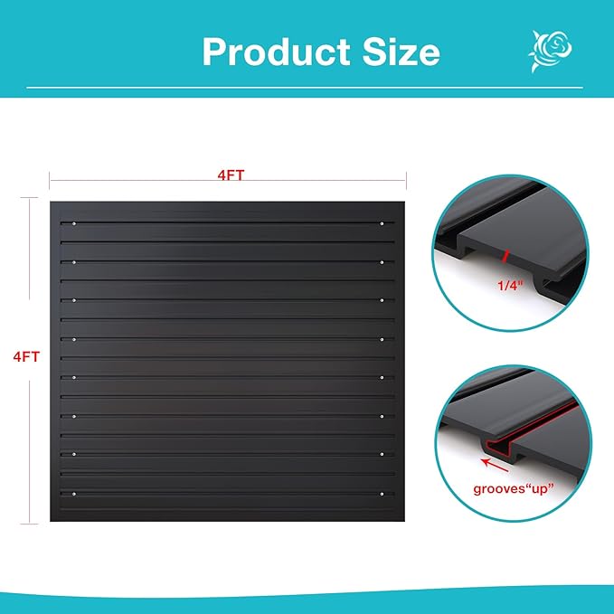 NeatiEase Slatwall Panel Wall Storage Systems, 4 x 4ft Slat Wall Paneling Garage Wall Organizer, Heavy Duty Wall Mounted PVC Wall Rack (Black)