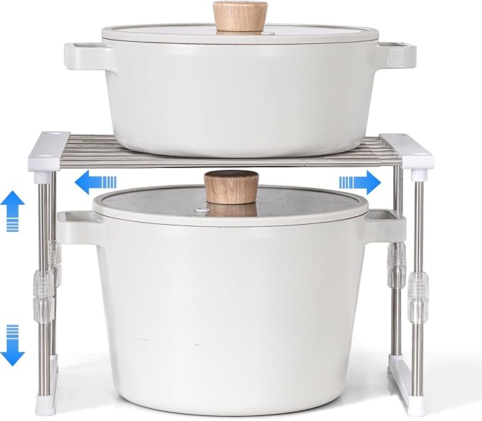 carrotez Expandable Cabinet Organizer, Set of 1 Width & Height-Adjustable Kitchen Cabinet Organizer Shelf, Stackable Kitchen Counter Shelf, 11.8~19.6 x 7.8 x 5.9~9" White