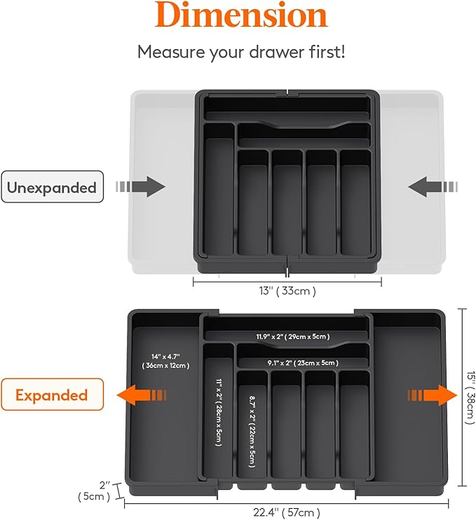 Lifewit Silverware Drawer Organizer, Expandable Utensil Organizer for Kitchen Drawers, Adjustable Cutlery and Flatware Tray, Plastic Spoons Forks Knives Holder Storage Dividers, Large, Black