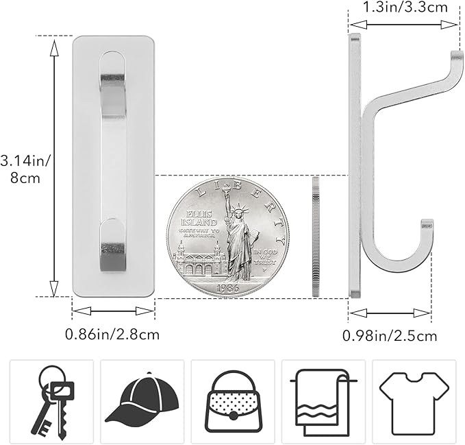 Wall Hooks for Coat and Towel: 13LB Adhesive Door Hanger Stick on, Silver 6 Pack