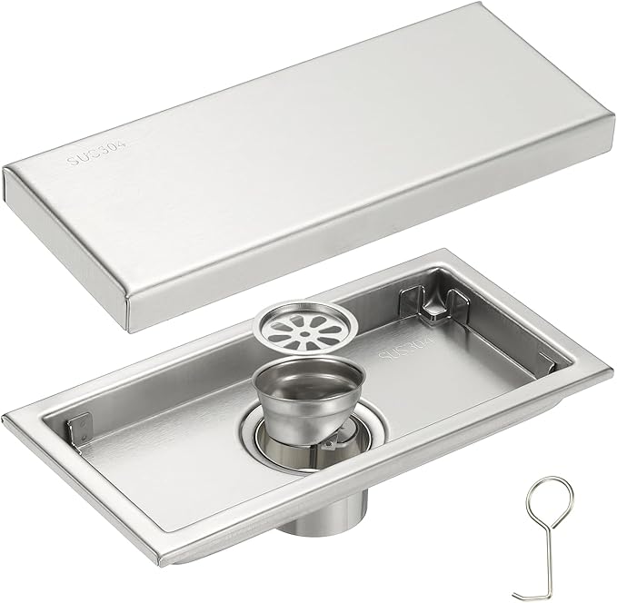 uxcell Rectangular Shower Drain, Brushed 304 Stainless Steel Odor-Proof Floor Drain Linear Shower Drain Hair Catcher for Bathroom Kitchen and Laundry Room(8 Inch, Brushed Silver)