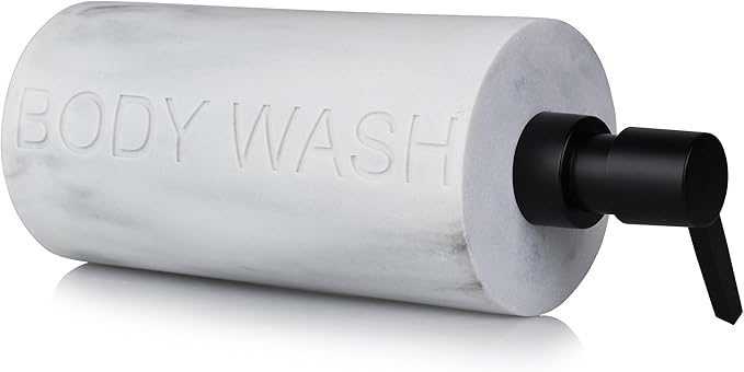 White Body Wash Dispenser Luxurious Refillable Pump Bottle with Embossed Text, Durable Construction for Bathroom and Kitchen
