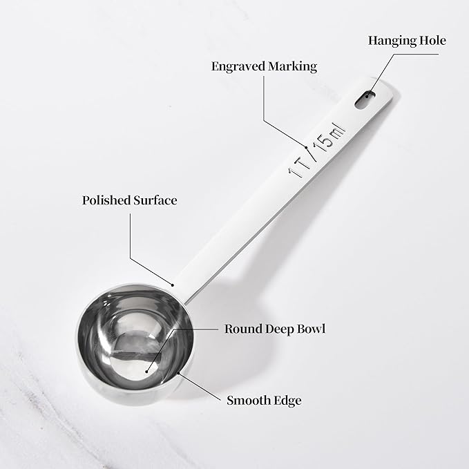 Long Handle Coffee Scoop: 18/8 Stainless Steel 5.64 Inch 1 Tablespoon Metal Measuring Spoon Tbsp Scoop for Coffee Beans, Grounds Coffee, Coffee Powder, Tea, Tall Jars (1Tbsp/15ml)