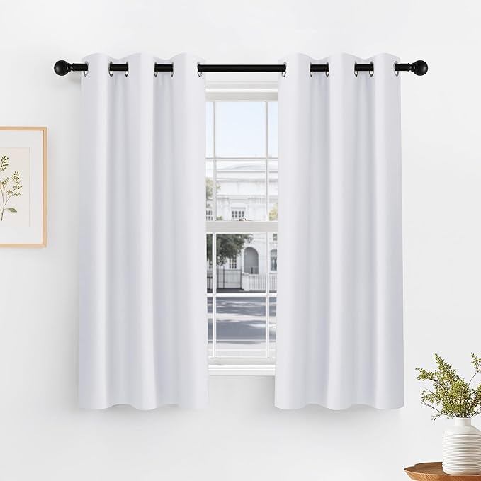 PONY DANCE Pure White Short Blackout Curtains for Kitchen 45 Inch Length, Thermal Insulated Grommet Curtains for Bedroom, Black Out Drapes for Bathroom Small Window (2 Panels Set, 34 inches Wide)