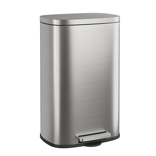 WLIVE 13 Gallon Stainless Steel Trash Can with Inner Bucket, Kitchen Garbage Can with Lid, 50L Soft Close Step Trash Can with Metal Foot for Home, Kitchen, Laundry Room, Office, Silver