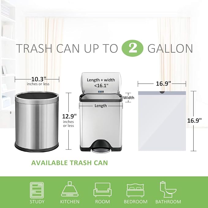 Teivio 2 Gallon 140pcs Strong Drawstring Trash Bags Garbage Bags, Bathroom Trash Can Bin Liners, Small Plastic Bags for Office Kitchen Home, White