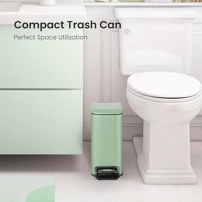 Cesun Small Bathroom Trash Can with Lid Soft Close, Step Pedal, 6 Liter / 1.6 Gallon Stainless Steel Garbage Can with Removable Inner Bucket, Anti-Fingerprint Finish (Matt Green)