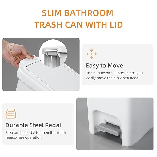 MOPALL Small Bathroom Trash Can with Lid Soft Close, Garbage Can with Press Top Lid & Foot Pedal, Step Trashcan Slim Trash Bin Waste Basket for Toilet, Office, Bedroom, Kitchen, Living Room 2.7 Gallon