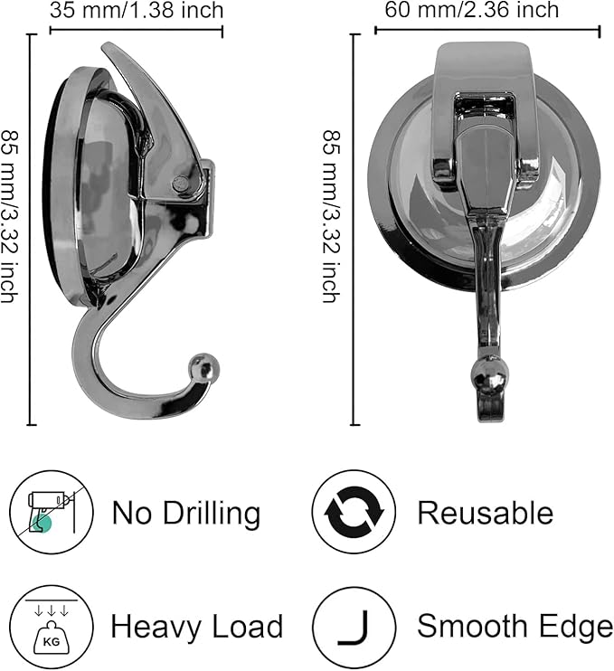 Heavy Duty Suction Cup Hooks for Shower, Bathroom Robe - Vacuum Glass Hooks, Reusable, No Hole Punched, for Garland Decoration (Silver Grey, 6 Pack)