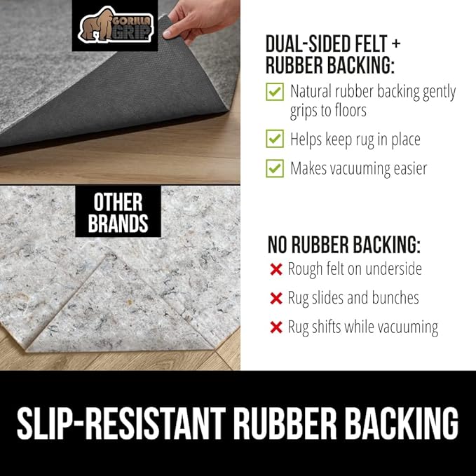 GORILLA GRIP Felt and Natural Rubber Stay in Place Slip Resistant Rug Pad, 1/4in Thick, 2x3 FT Protective Padding Under Area Rugs, Cushioned Gripper Pads, Carpet Runners, Hardwood Floors Protection