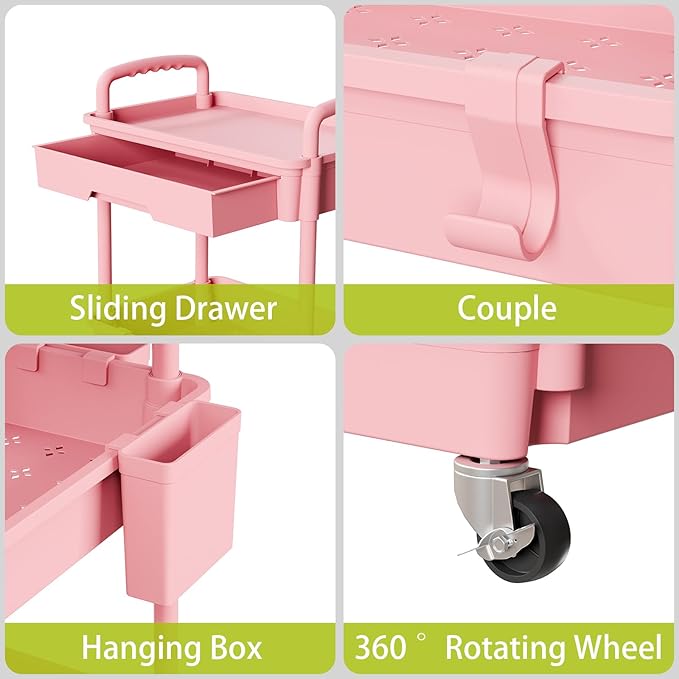 3 Tier Rolling Cart Organizer,Laundry Room Bathroom Organizers and Storage Office Shelves Mobile Shelving Unit Kitchen Trolley Cart with Wheels for Art,Craft,Diaper,Bedside,Snack(Pink)