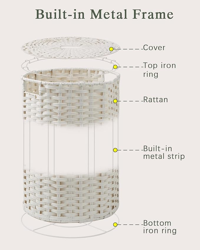 Laundry Basket Round Rattan Laundry Hamper 29.1 Gal (110 L) Handwoven Large Wicker Basket with Handles, Wicker Hamper with Removable Bags and 2 Mesh Bags for Bathroom Living Room White