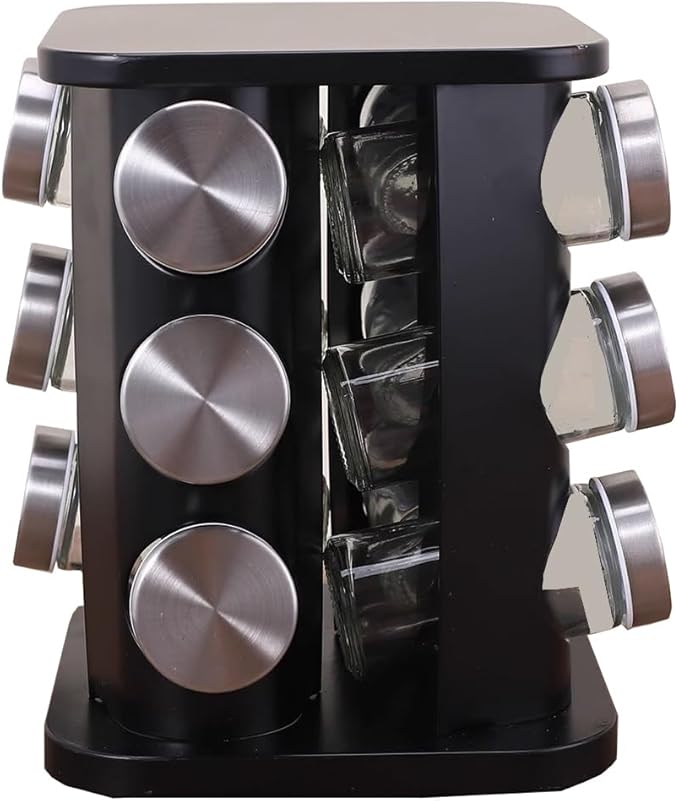 Spice Rack, Spice Rack Organizers for Countertop, Rotating Countertop Spice Rack, Revolving Spice Rack for Kitchen, Kitchen Gadgets, Organizer Rack with Spice Jars (Black, SquareHead_12Jars)