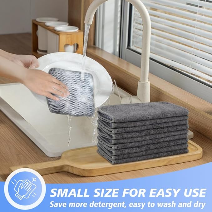 KinHwa Kitchen Washcloths for Dishes Absorbent Microfiber Dish Cloths Quick Dry Dish Rags with Poly Scour Scrub Side Ideal for Kitchen Cleaning (Gray, 7inchx7inch 9 Pack)