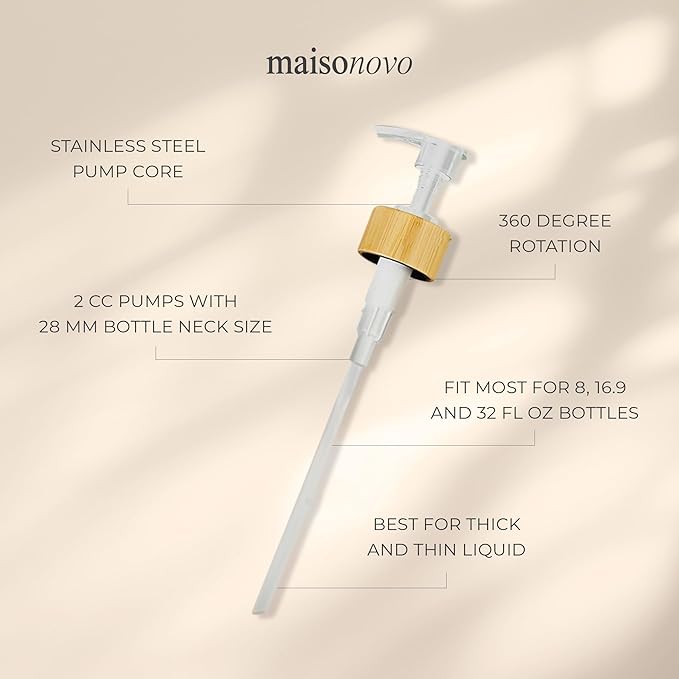 MaisoNovo Soap Pump Replacement - 2X White Bamboo Pumps - Pump Dispenser - Soap Dispenser Pump Replacement - Stainless Steel Soap Pump - Pump for Soap Dispenser