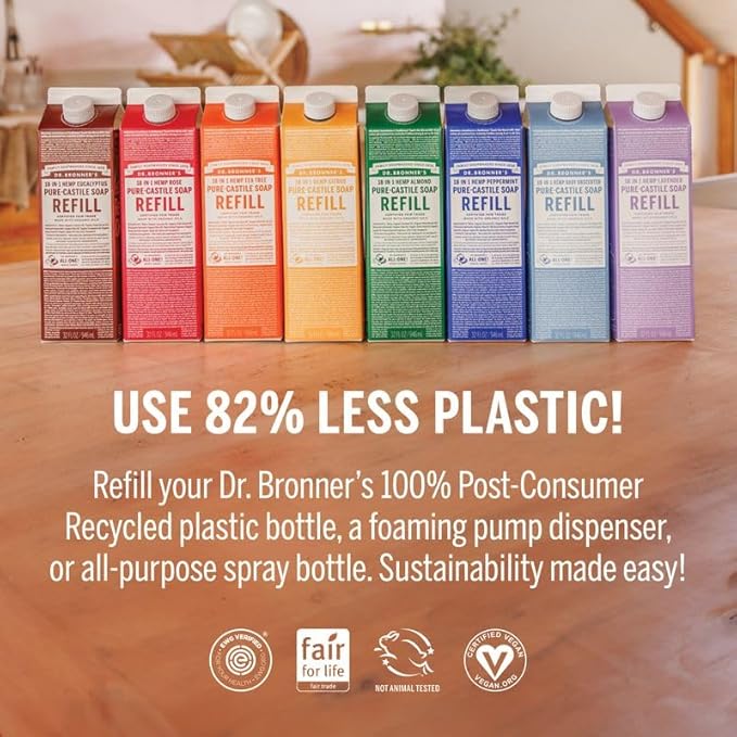 Dr. Bronner's Pure-Castile Liquid Soap Refill - Made with Regenerative Organic Certified Oils, 86% Less Plastic - 18-in-1 Uses, For Face, Body Wash, Hand Soap Refill & More - Baby Unscented, 32oz