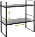 Expandable Cabinet Shelf Organizer Rack, Stackable Kitchen Countertop Organizer Storage Shelves, Adjustable Height Pantry Counter Shelf Riser Spice Rack (Black, 2 Pack)