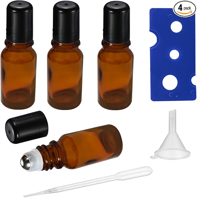10ML Roller Bottles for Essential Oil, 4 Pack Empty Amber Glass Roller Bottle for Perfume Oil, Roll on Bottles with Stainless Steel Roller Balls, Opener, Funnel and Dropper