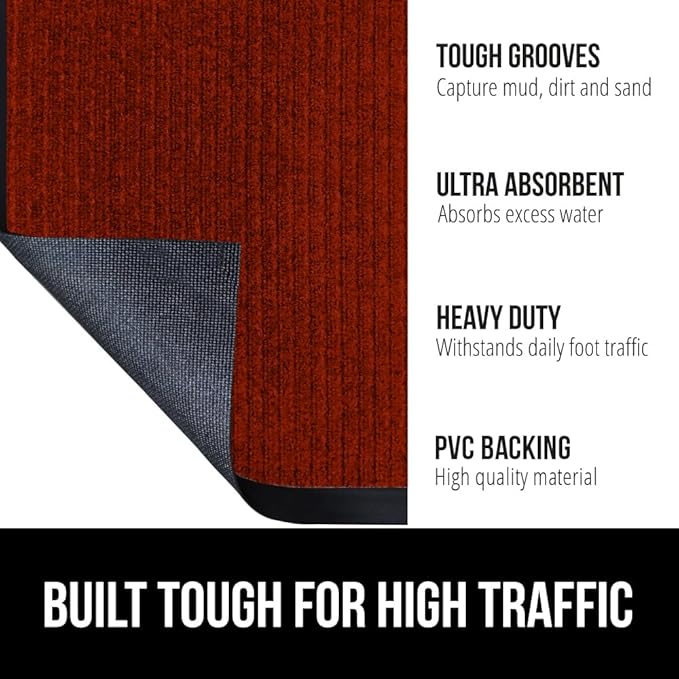 GORILLA GRIP Traffic Guard Door Mat, 2 Pack, Heavy Duty Waterproof Doormat, Commercial Office Space Welcome Mats, Stain and Fade Resistant, Low Profile, Strong Rubber Backing, 35x23, Red