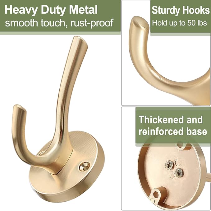Gold Coat Hooks for Wall, 3 Pack Towel Hook Heavy Duty Metal Double Bath Robe Hook Wall Mount, Hat Hooks for Cubicle Bathroom Kitchen Closet Garage