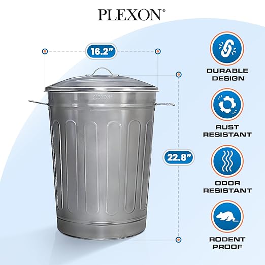 Plexon Round Trash Can 13 Gallon, Vintage Metal Outdoor Trash Can with Lid, Retro Farmhouse Garbage Container, Old School Modern Ash Bucket, Galvanized Steel 6 Pack