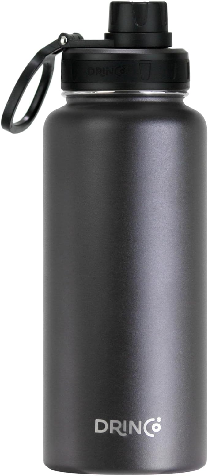 DRINCO Stainless Steel Water Bottle Spout Lid Vacuum Insulated Double Wall Water Bottle Wide Mouth (40oz 32oz 22oz 18oz 14oz) Leak Proof Keep Cold Sport Camping Hiking (32 oz, 32oz Black)