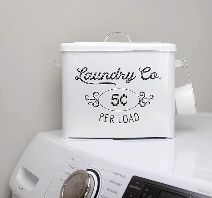 AuldHome Design Farmhouse Laundry Powder Container, White Enamelware Detergent Bin w/ Scoop