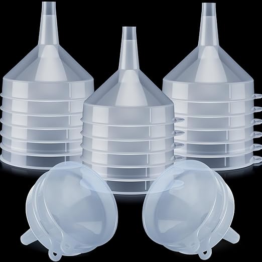 Honeydak 18 Pieces Multi-Purpose Plastic Funnels 4.7 Inch Wide Mouth Funnels for Filling Bottles, Jars, Containers Lab Use Oil Funnel for Gas, Car Oil, Lubricants and Fluids (White)