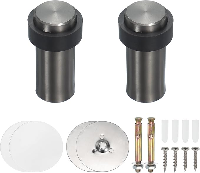 PATIKIL 2Set Round Door Stoppers, 80mm Stainless Steel Door Stop Doorstop Wedge Metal Cylinder Self Adhesive with Screw for Bottom of Door Floor Inside, Gold Tone