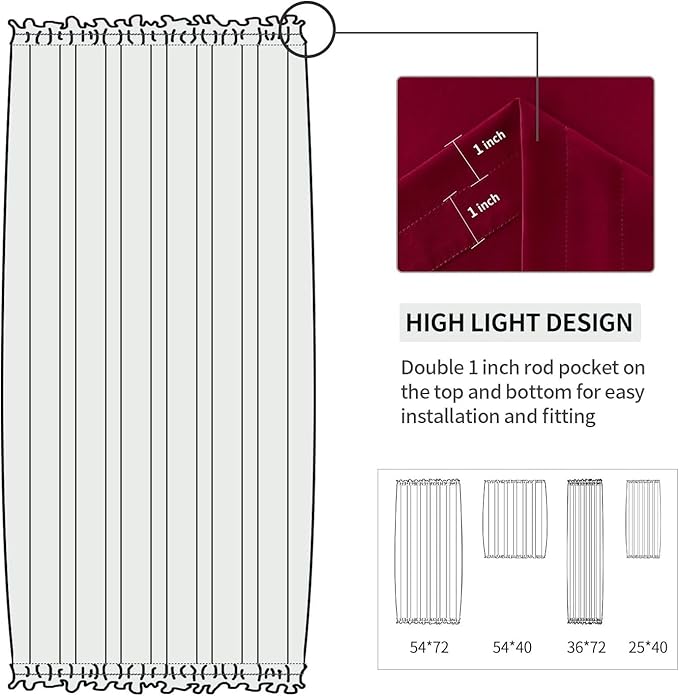 DWCN French Door Curtains – Rod Pocket Thermal Blackout Curtain for Doors with Glass Window, Christmas and Patio Doors for Privacy, 36 X 72 Inches Long, 1 Curtain Panel with Tieback,Burgundy