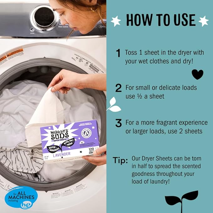 Molly's Suds Fabric Softener Dryer Sheets for Sensitive Skin | Plant-Based Static Reducer, Plastic-Free Packaging | Bundle of 2, Unscented (240 Sheets Total)