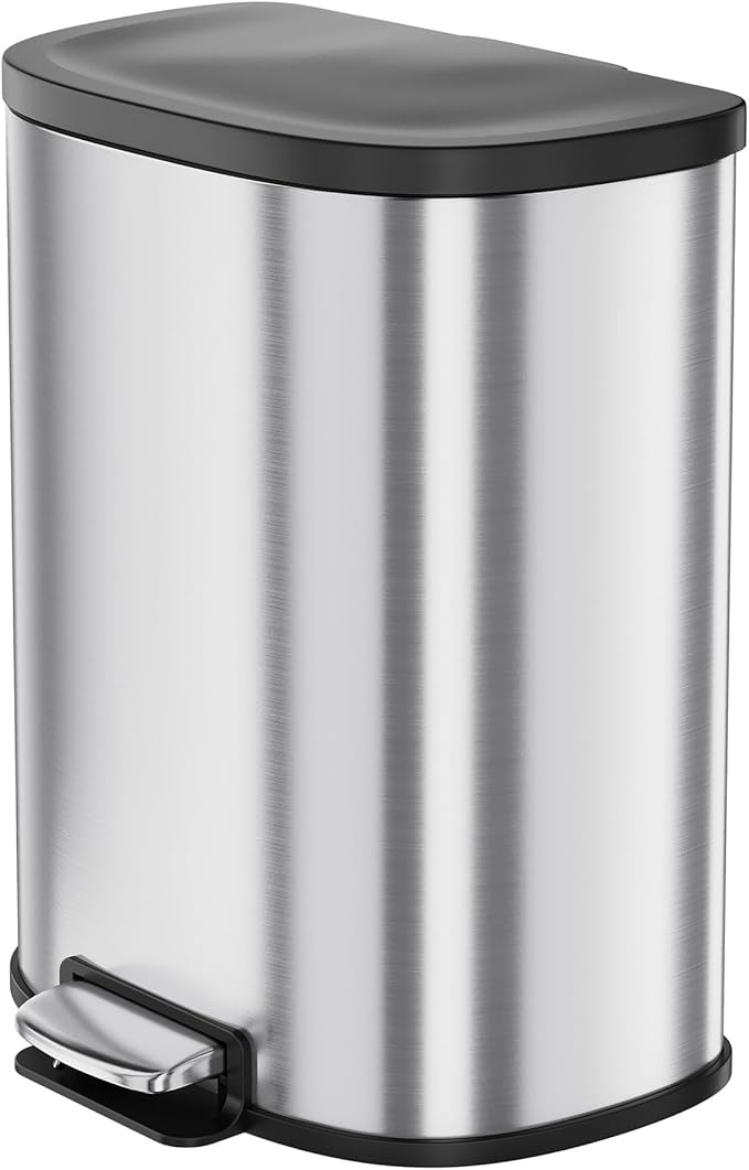 13.2 Gal/50L D-Shape Trash Can, Step-On Stainless Steel Garbage Can, Soft-Close Lid, Anti-Fingerprint Surface, Recycling Bin with Removable Inner Basket for Kitchen Dining Room
