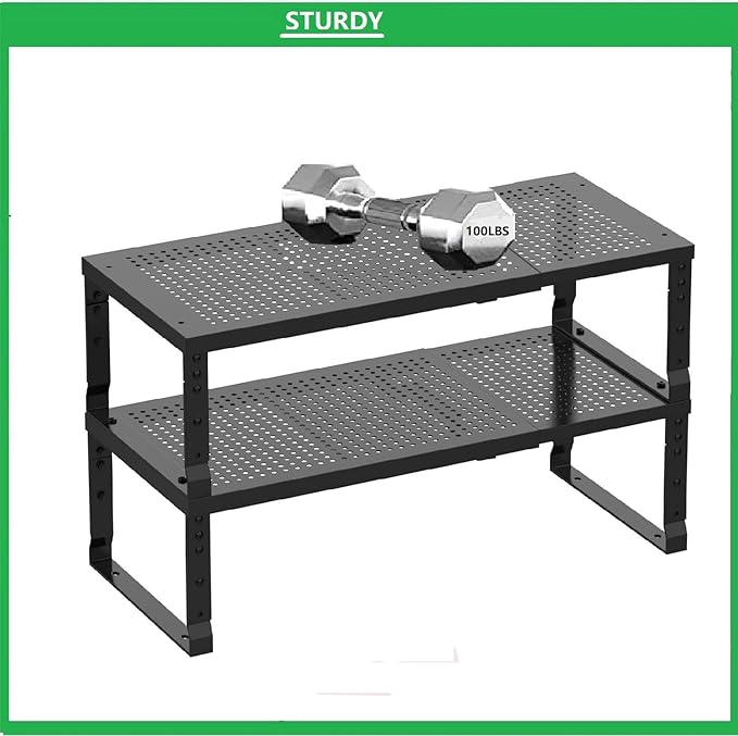 Metal Stackable Expandable Storage Shelf - Multi-Functional Home Storage Shelf, Suitable for Kitchen, Cabinet，Bathroom, Office, Garage, etc.（1PACK/Black/Large