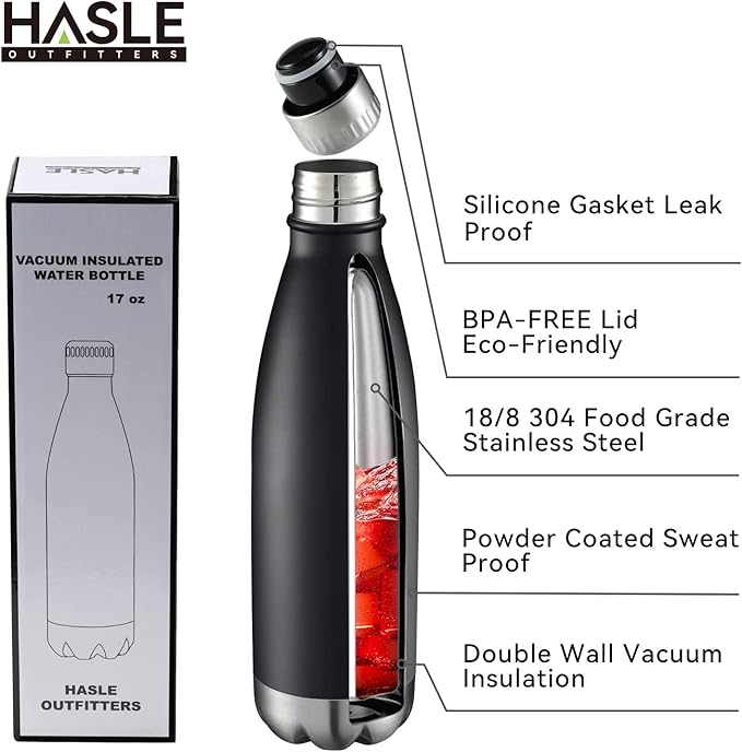 HASLE OUTFITTERS 17oz Stainless Steel Water Bottles Bulk, Vacuum Insulated Water Bottles Double Walled Reusable Metal Sports Water Bottles Keep Drinks Hot and Cold, Black, 4Packs