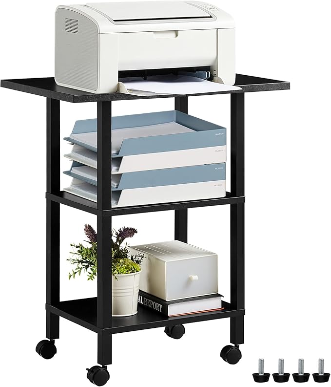 Lerliuo 3 Tier Printer Stand with Storage, Printer Table for Home Office, Wooden Rolling Printer Cart Shelf with Lockable Wheels fit Fax Machine, Scanner(Black)