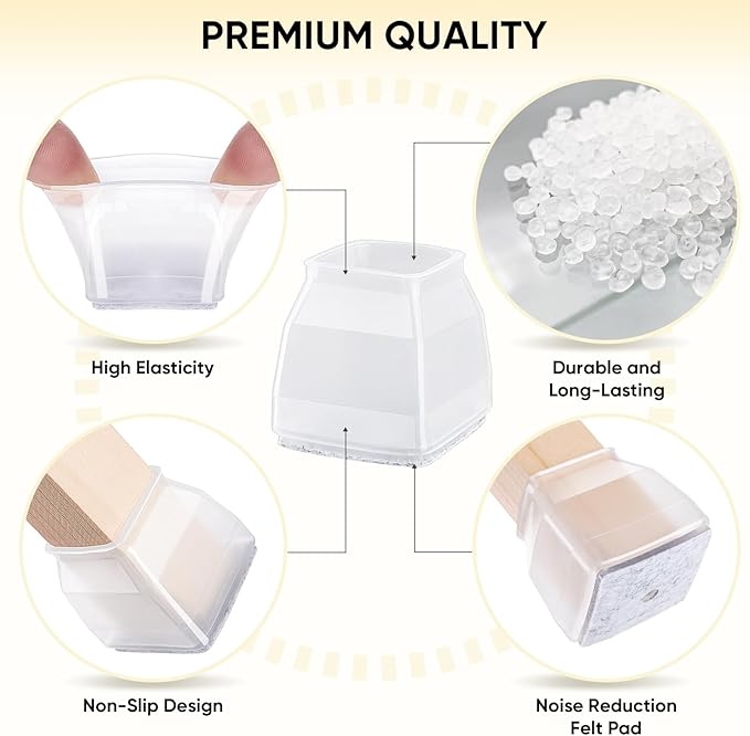BALEINE 32 Pack Silicone Chair Leg Floor Protectors, Stool Leg Protectors Cap, Non-Slip Chair Leg Caps for Hardwood Floors (Clear & Small (Square), 32 Pack)