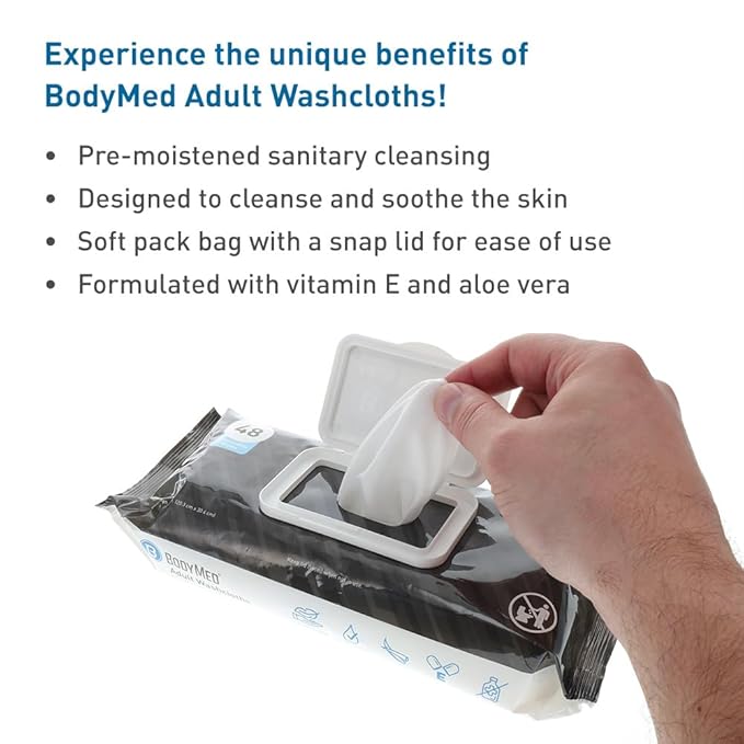 BodyMed Adult Disposable Incontinence Wipes, 48 Wipes/Pack (1-Pack) - Pre-Moistened & Hypoallergenic Washcloths Formulated with Vitamin E & Aloe Vera