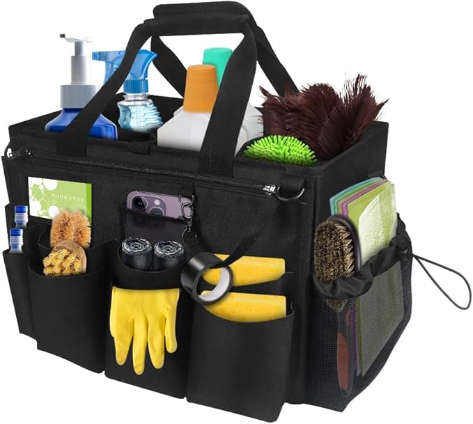 Qivine Cleaning Caddy with Handle, Cleaning Supply Caddy Foldable Tool Bag Cleaning Products Organizers Portable Cleaning Bucket Organiser for Storing Towels（Black Square）