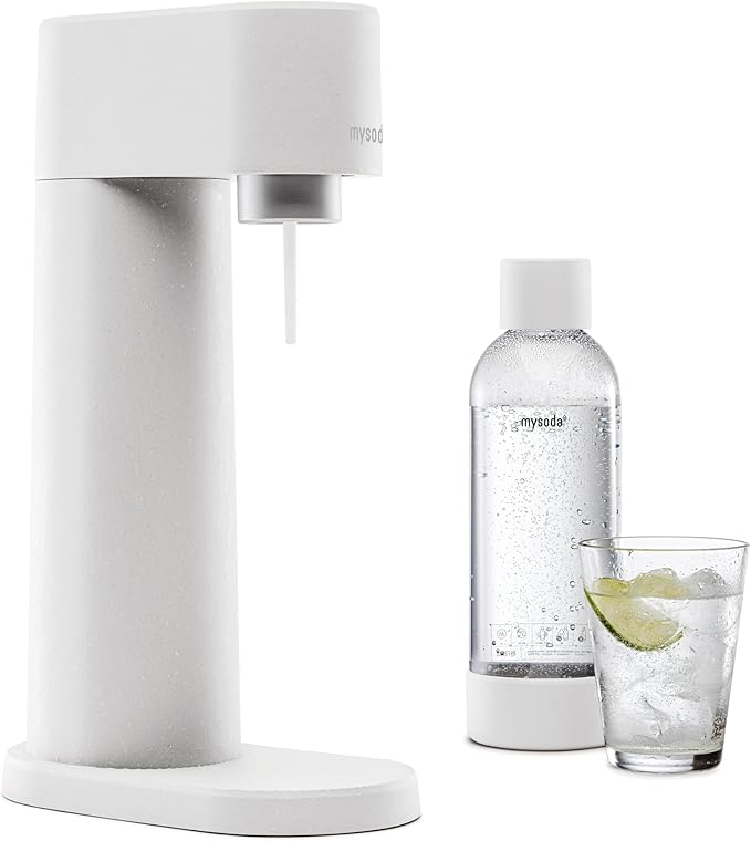 Mysoda Carbonating Bottles 2Pck 1L - Compatible with MySoda and any brands - Quick-Lock Reusable Bottles - Lid and Base Made of Wood Composite - BPA Free - White