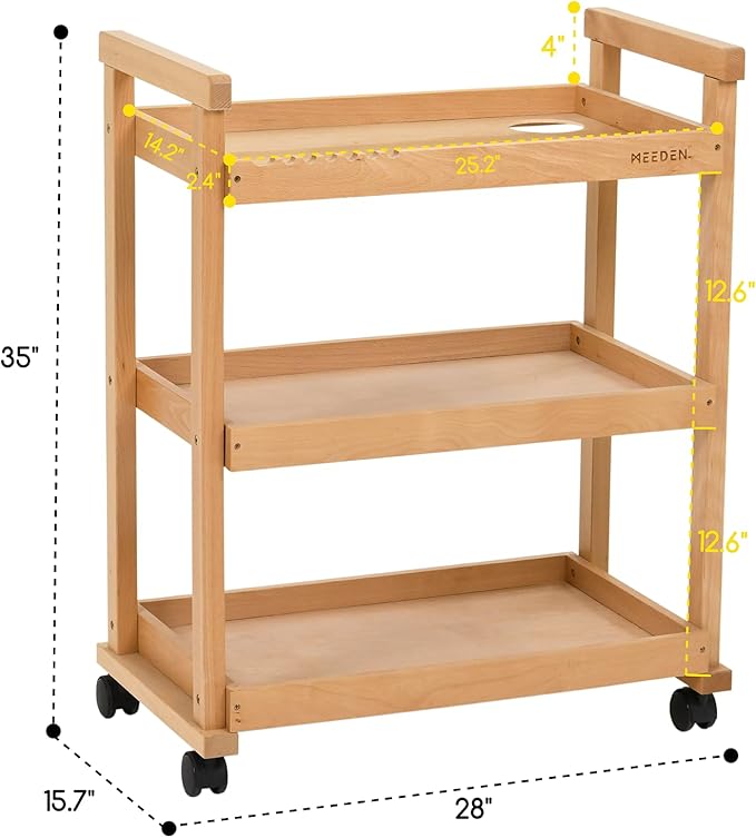 MEEDEN Art Cart Storage Organizer, 3-Tier Rolling Utility Studio Taboret with Caster Wheels, Multifunctional Storage Trolley Shelving Unit on Wheels, Solid Beechwood Art Supplies Studio Cart Classroom
