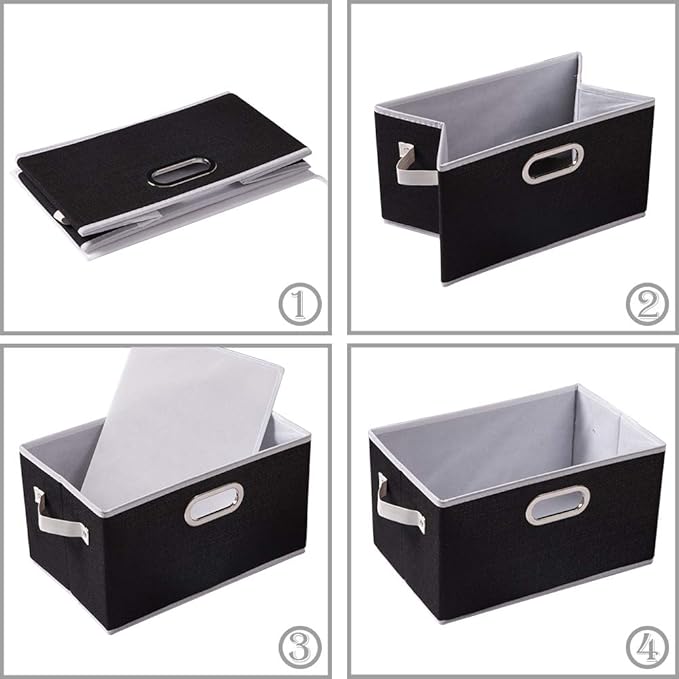 PRANDOM Larger Collapsible Storage Bins for Closet [5-pack] Decorative Linen Fabric Storage Baskets Cubes with Leather/Metal Handles for Living Room Black (17.3x12.2x10.4 Inch)