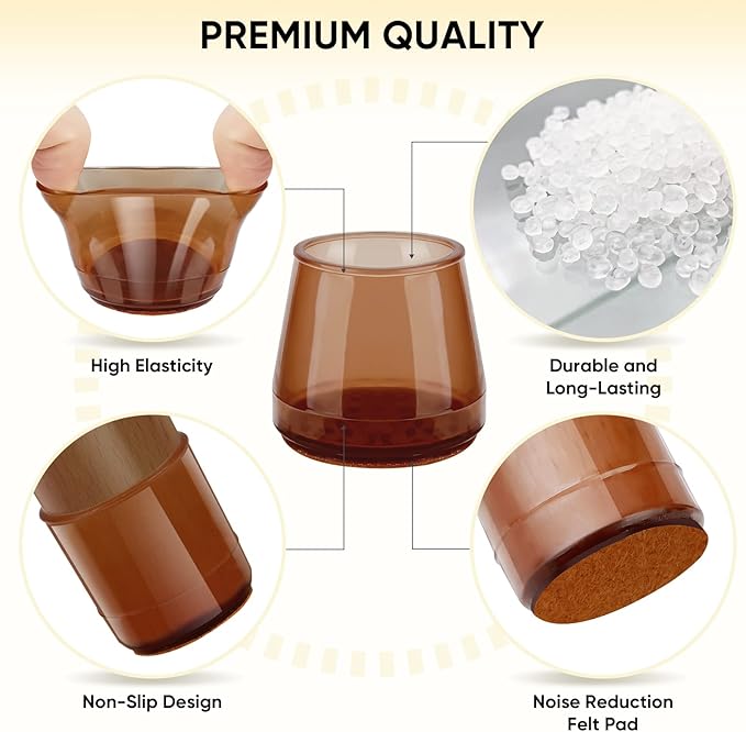 BALEINE 16 Pack Silicone Chair Leg Floor Protectors, Stool Leg Protectors Cap, Non-Slip Chair Leg Caps for Hardwood Floors (Brown, X-Large, 16 Pack)