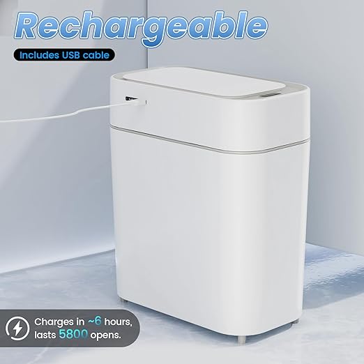 Bathroom Trash Can with Lid: 2.3 Gal Small Slim Motion Sensor Wastebasket, Bag Expansion, Wall Mounted, Automatic, Touchless, Narrow Design for Bathroom, Kitchen and Office, Waterproof